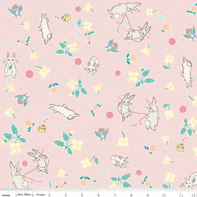 Bunnies Main Buttons Sew Flowers Pink Fabric FQ Half Metre or More 100% Cotton