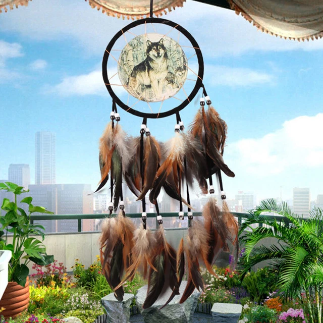 Wolf Totem Craft Mascot Handmade Hanging Black with Feather Bead for Home Office
