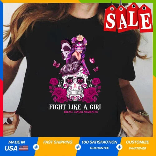 Fight Like A Girl Breast Cancer Awareness Gift Graphic T-SHIRT Halloween Gift