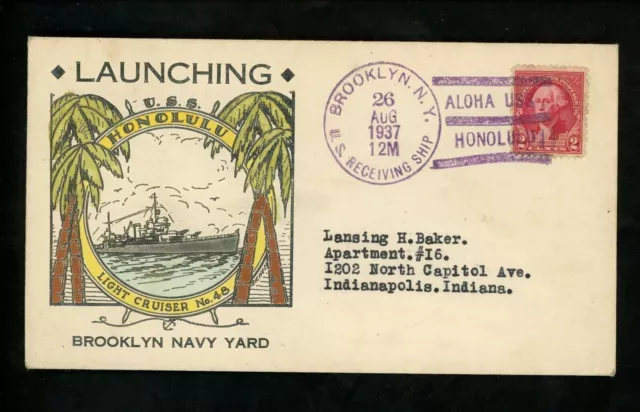 US Naval Ship Cover USS Honolulu CL-48 Pre WWII 1937 Launching H/P Hand Painted