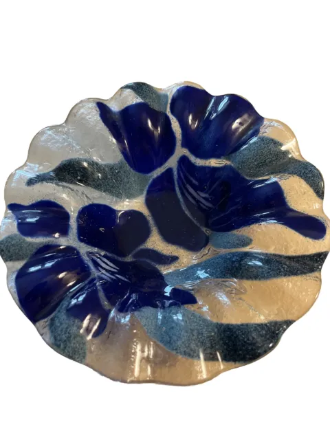 SIGNED SYDENSTRICKER Art Glass Bowl Sweden  Blue Green Wave 6 3/4 “