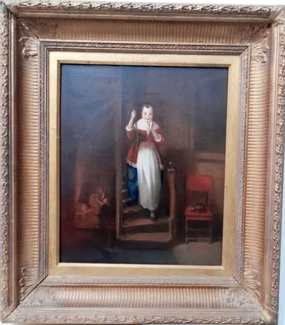 Fine Antique 18th / 19th Century Oil on Canvas Portrait of girl on spiral stairs