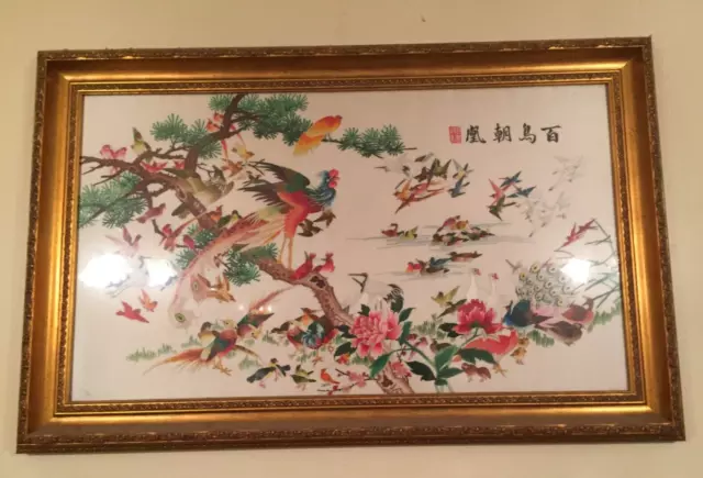 retro large 113cm framed Chinese embroidered silk art birds in gold gilded frame