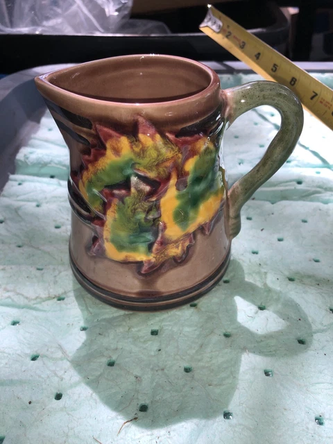 Vintage Majolica Green And Yellow Ware Pitcher Creamer Caldas Portugal 4.5”