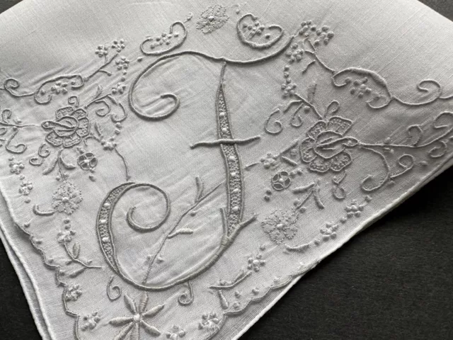 A+ Vintage White Linen Hankie Madeira Style Embroidered Monogram F Bride Wedding