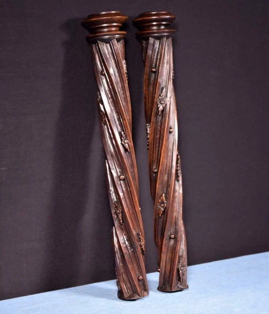 *16" Pair of French Antique Solid Walnut Posts/Pillars/Columns/Balusters Salvage 3