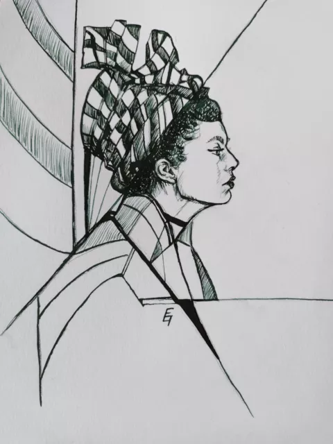 Künstler Zeichnung signiert Tusche vintage Frau mit Turban 1940s grafisch Unikat