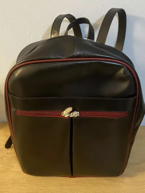 NWT McKlein Edison Leather Laptop Tablet Backpack Black w/ Red Trim