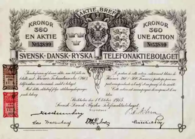 TELEFON Svensk Dansk 1915 Ryska Stockholm  ERICSSON Historische Wertpapiere