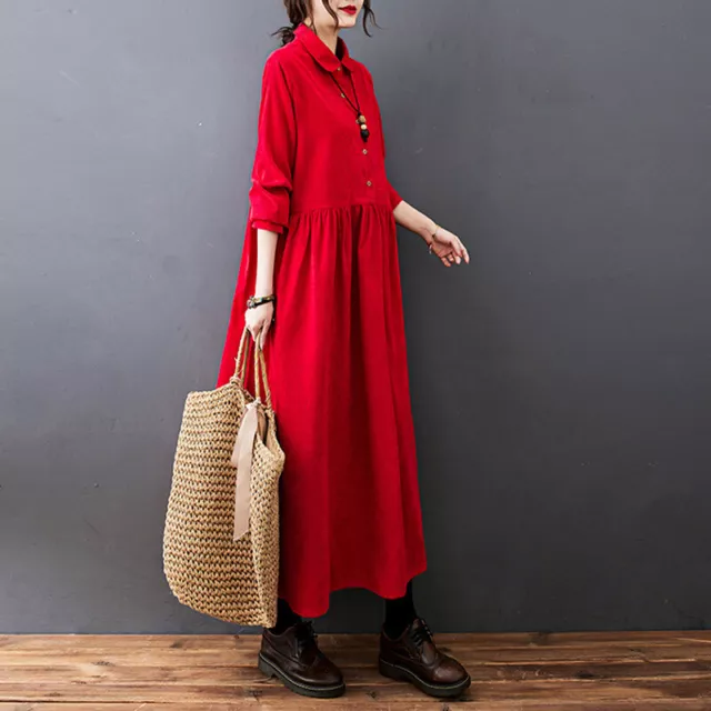 Ladies Corduroy Dress Long Retro Big Swing Casual Warm A-line Loose Lapel Red