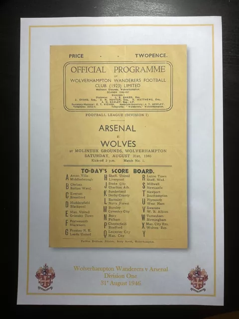 1946-47 Wolverhampton Wanderers v Arsenal Division 1 Programme PRINT