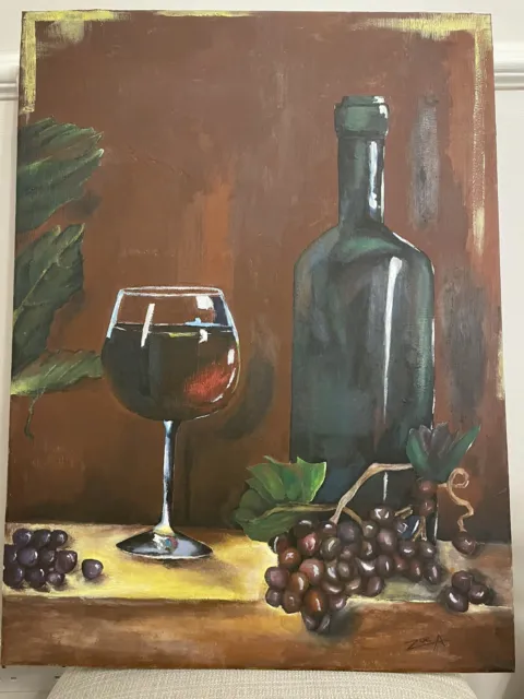 Acrylic Wine Bottle And Glass With Fruit On Canvas Hand Painted And Signed By Me