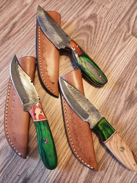 Hand Crafted Skinner Knife Damascus Ash Wood Brass Guard Lot of 3 Hiking