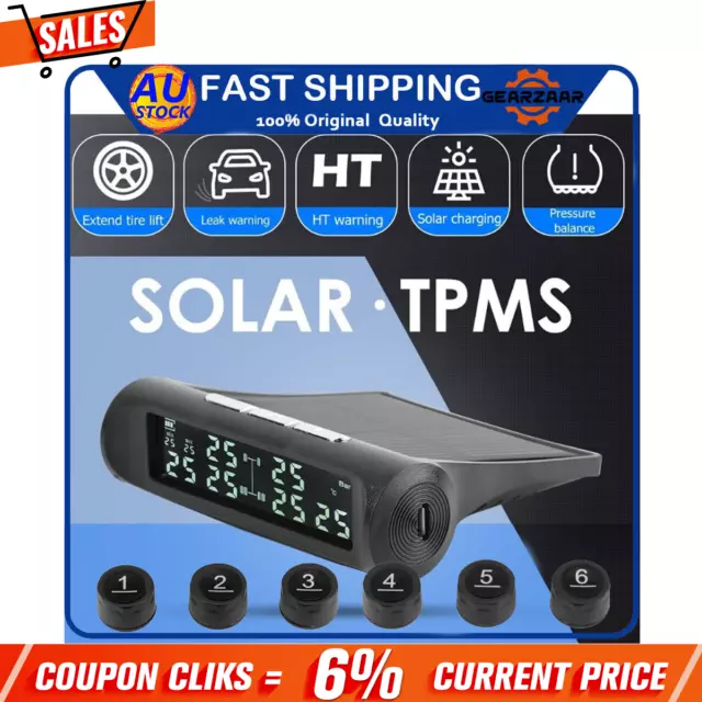 Solar Wireless TPMS Car Tire Tyre Pressure Monitor Monitoring System+6 Sensors^