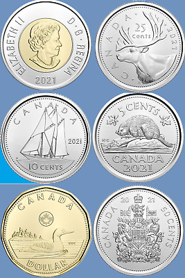 Set of Six 2021 Canada Coins Mint UNC Toonie, Loonie, $2 $1, 50 Cents 25c 10c 5c