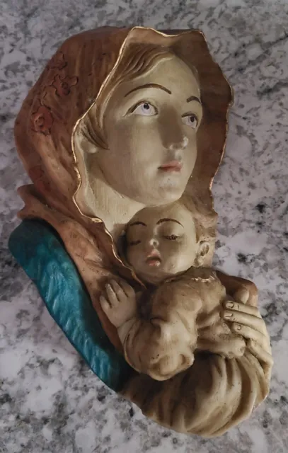 Vtg Virgin Mary Madonna Child Baby Jesus Wall Hanging Resin Religious Plaque 8"