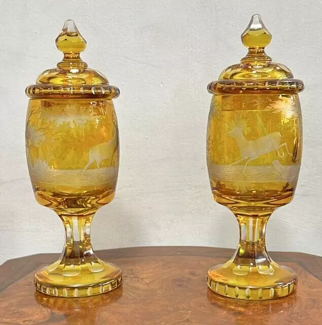 RARE ANTIQUE PAIR OF BOHEMIAN AMBER AND WHEEL ENGRAVED GOBLETS , 19TH Century