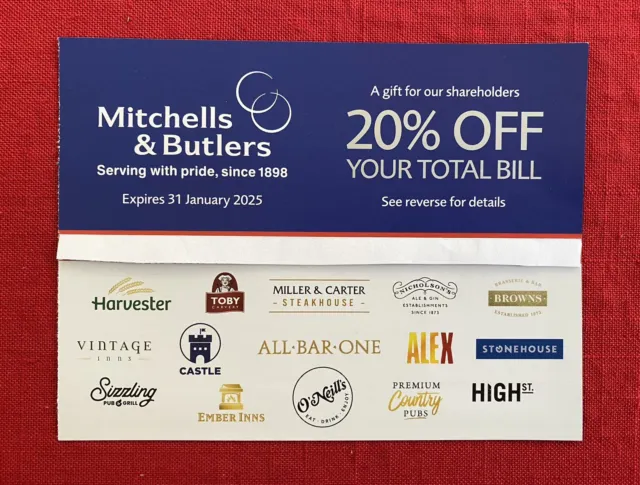 Mitchells & Butlers 20% off Bill Voucher Exp Jan25 - Same Day 1st Class Post