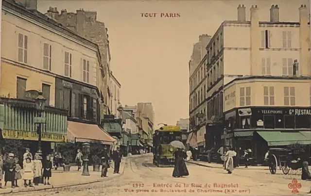 CPA PARIS XX ème  Rue BAGNOLET, RESTAURANT, BRASSERIE, MERCERIE ET TRAMWAY .....