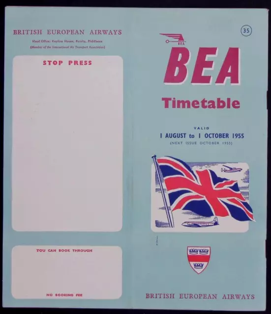 Bea British European Airways Airline Timetable August - October 1955