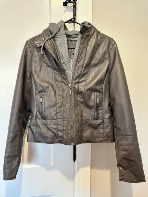 Jou Jou J2 Med Brown Faux Leather Faux Fur Lined Removable Hoodie Zip Jacket