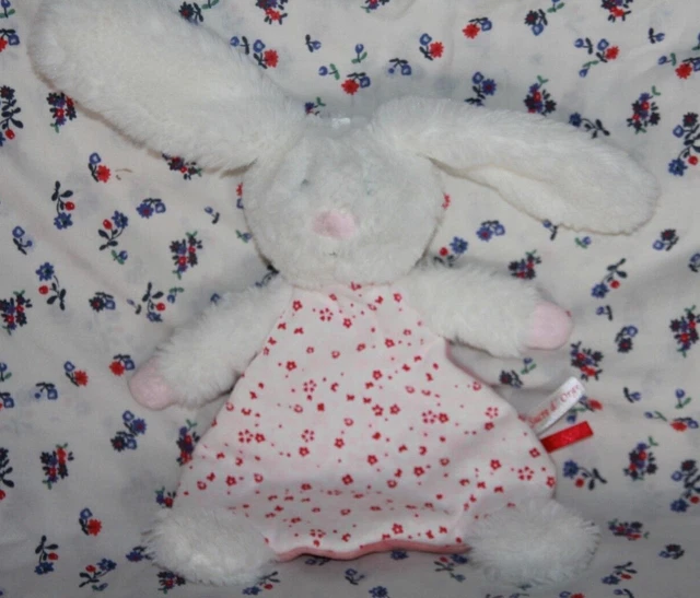 Doudou Sucre D'orge Lapin Plat Blanc Fourrure Rose Fleur Neuf