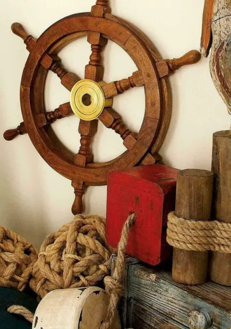 Náutico Latón Barco Mar Regalo Pirata Rueda Pared Decor 24'' Antiguo Vintage