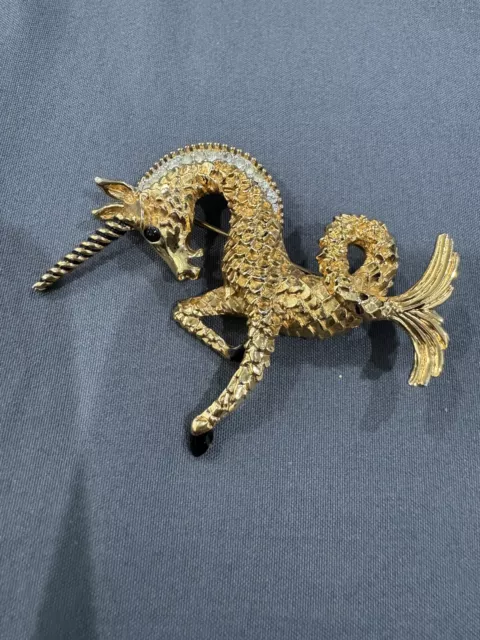 Large Unicorn Horse Mermaid Rhinestone on Gold Tone Brooch Pin Pendant