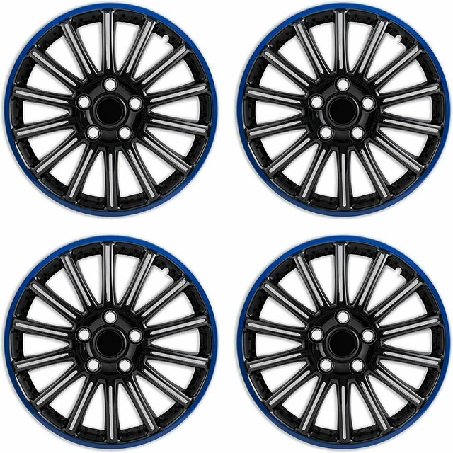 SET OF 4 x 15 INCH BLUE AND BLACK SPORTS WHEEL TRIMS COVER HUB CAPS 15"