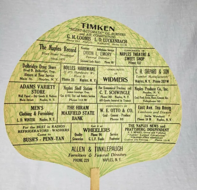 Rare Antique Naples NY Allen & Tinklepaugh Furniture & Funeral Advertising Fan