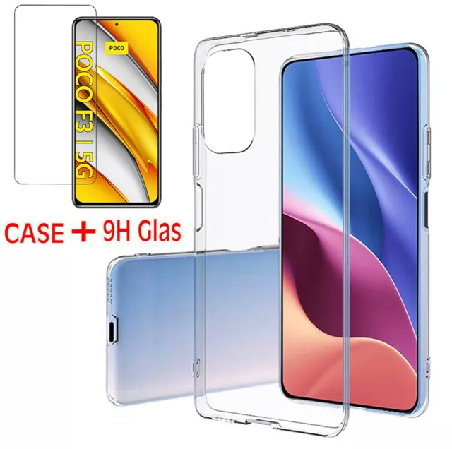 Hülle für Xiaomi Poco F3 5G Tasche Silikon Case Bumper Cover + 9H Schutz Glas