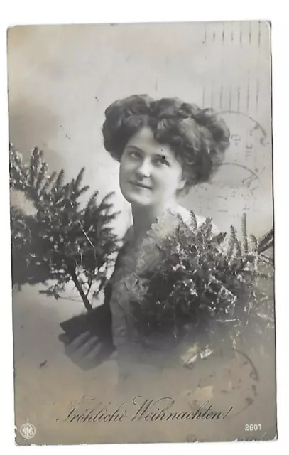 CPA Antique Postcard Pretty Lady with Tree Branch Merry Christmas