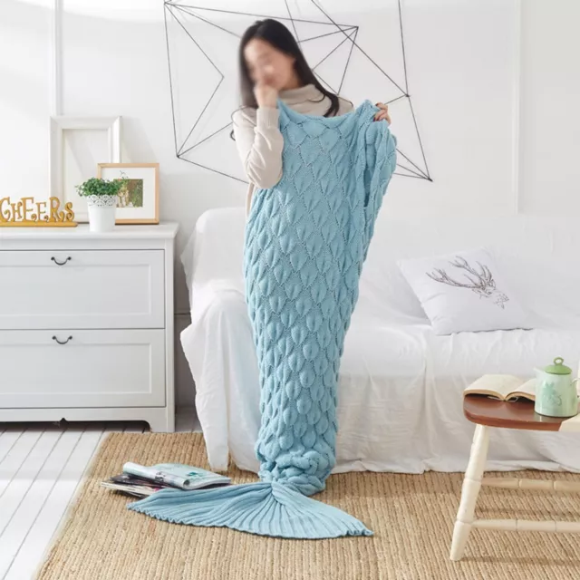 Soft Blue Color Knitted Mermaid Tail Blanket 190cmx90cm Size Acrylic Throw Rug