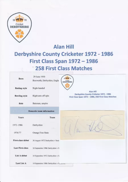 Alan Hill Derbyshire Cricketer 1972-1986 Original Hand Signed Cutting/Card