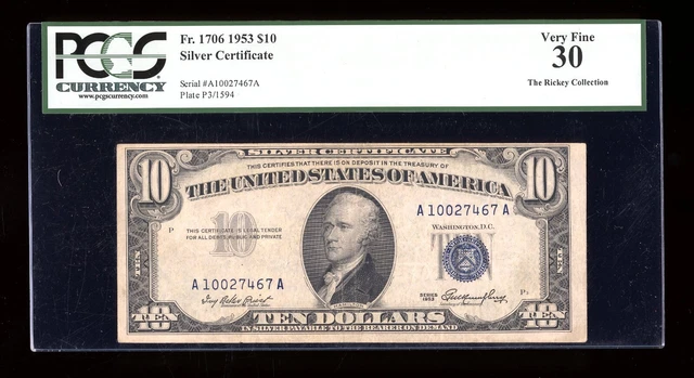 DBR 1953 $10 Silver Fr. 1706 PCGS 30 Serial A10027467A