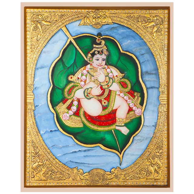 Lord Krishna Baby Painting Leaf Handmade Real Gold Organic Gift Indian Traditona