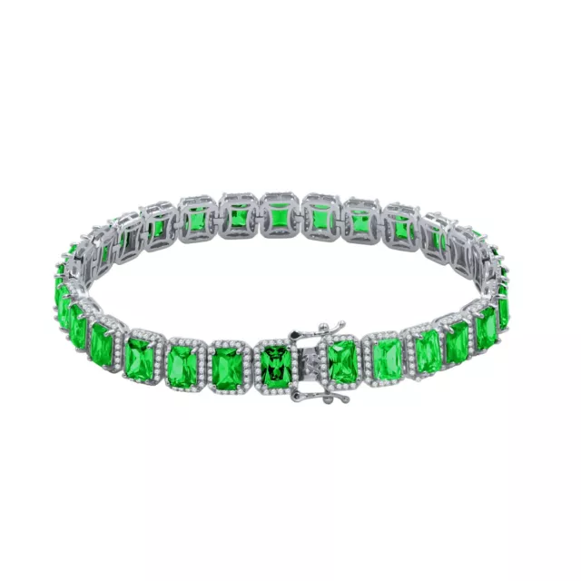 Unisex Emerald Green 18K White Gold Finish Simulated Diamonds Solitaire Bracelet