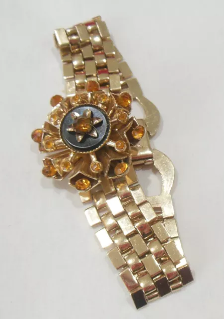 Gold-tone Hinged Rectangles & Topaz Rhinestone Flower Bracelet Pegasus Coro
