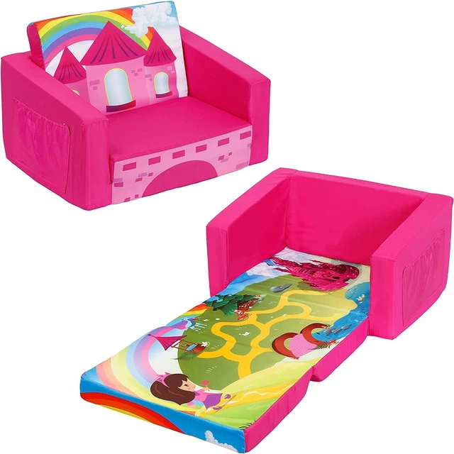 Kids Toddler Sofa Pink Princess Castle Rainbow Map Upholstered Couch Flipout Bed