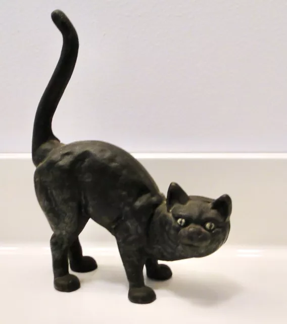 Vintage Cast Iron BLACK CAT Arched Back DOORSTOP Kitty Green Eyes 10"