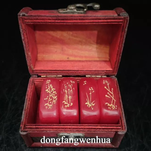 2" Collected China Red Tianhuang Stone 梅兰竹菊 Flower Dynasty Seal Signet & Box Set