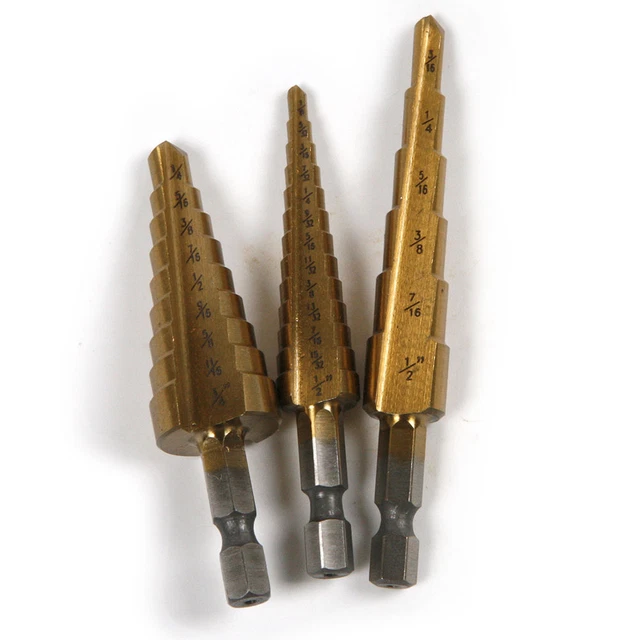 3pcs 3/16-3/4'' HSS Titanium Coated Step Drill Bit Quick-change 1/4" Hex Shank