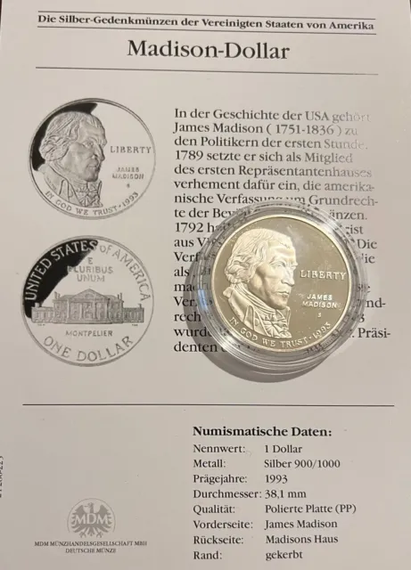 USA 1 Dollar 1993 Gedenkmünze James Madison 900 Silber PP