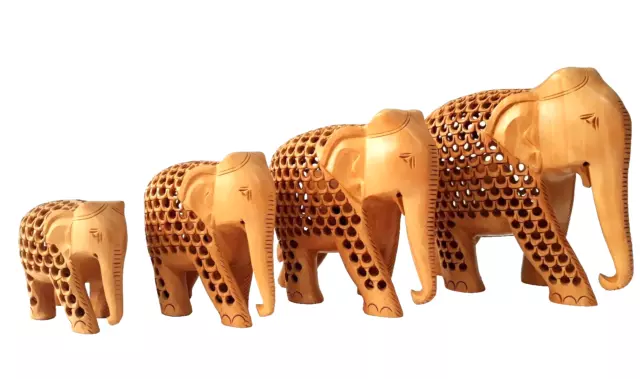 Conjunto De Cuatro Elefante Estatua Estatuilla 7.6To15.2cm, Mano Tallada Madera