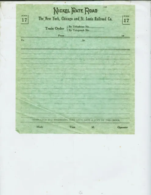 NICKEL PLATE ROAD (NYC&StL) BLANK TRAIN ORDERS  (8)  FORM 17  CIRCA 1943.