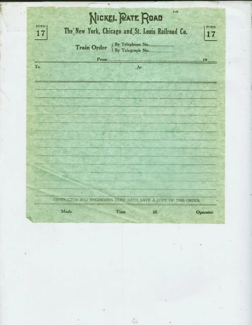 NICKEL PLATE ROAD (NYC&StL) BLANK TRAIN ORDERS  (8)  FORM 17  CIRCA 1943.