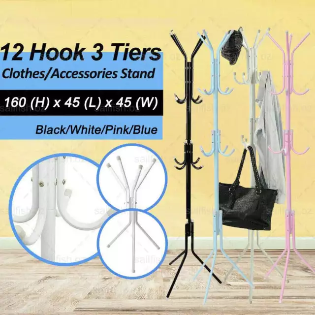 12 Hook Coat Hanger Stand Storage Black 3-Tier Hat Clothes Rack Metal Tree Style