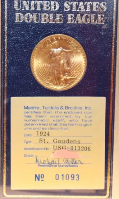 1924 US $20 Gold Saint Gaudens Unc in Old MTB Holder