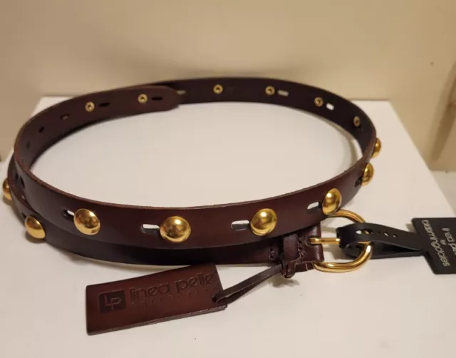 NWT Linea Pelle Brown Leather Bronze Studded Skinny Belt sz.L MSRP $143