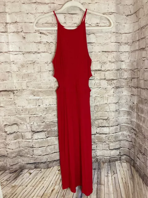 Soprano Maxi Dress Womens Medium Red Cutout Ribbed Side Slit Midi Stretch Halter